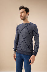 Men's All Over Geometric Textured Full Sleeves Round Neck Sweater